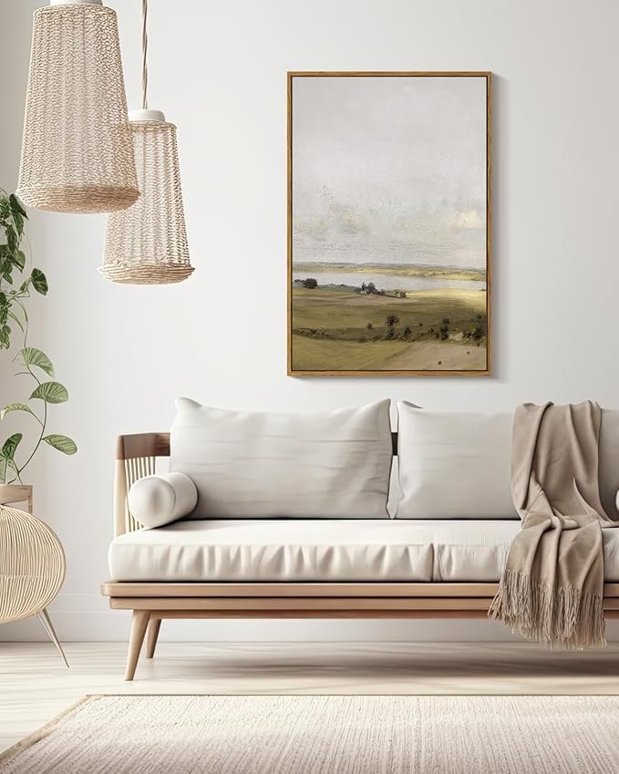 VIYYIEA Vintage Nature Large Framed Wall Art, View of Hilly Paintings Art Decor Aesthetic, Canvas Print Artwork, Hilly Landscape Wall Pictures for Bedroom Bathroom Office, 24X36 Inch