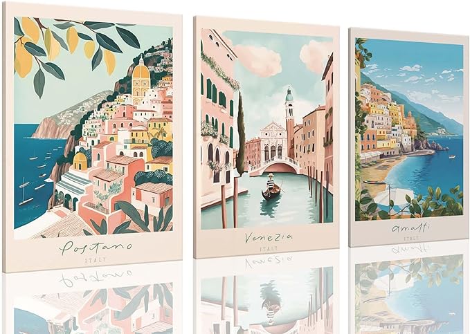 XLARTMY Italy Amalfi Coast Travel Posters Wall Art Framed Canvas Decor City Landscape Blue Venice Coast Painting Beach Modern Artwork for Living Room Bedroom Bathroom Office Set of 3 12x16in