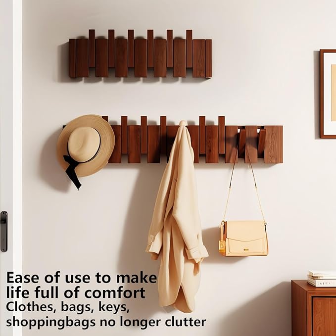 Wall Mounted Coat RackHooks Piano Key Hangers Natural Solid Wood Hanger Non-Woven Fabric Clothes Hangers for Closet, Kitchen, Bedroom, Bathroom, Entryway (Walnut, 6 Hooks)