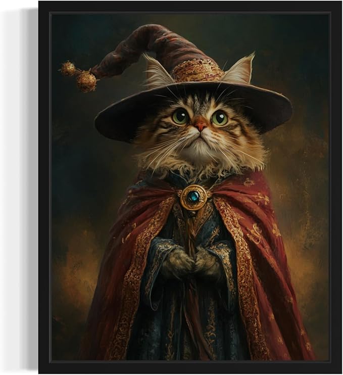 Cat Wizard Art Poster Print, Cat Kitten Painting Humor Portrait Pet Artwork Decor Gallery A8 (11 x 14 inches, Black Frame)