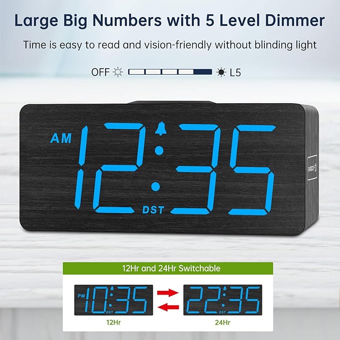 DreamSky Wooden Digital Alarm Clock with Wireless Charging for Bedroom, Bedside Nightstand Clock with Charger Station, USB Port, Large Numbers, Adjustable Volume, Brightness Dimmer, DST
