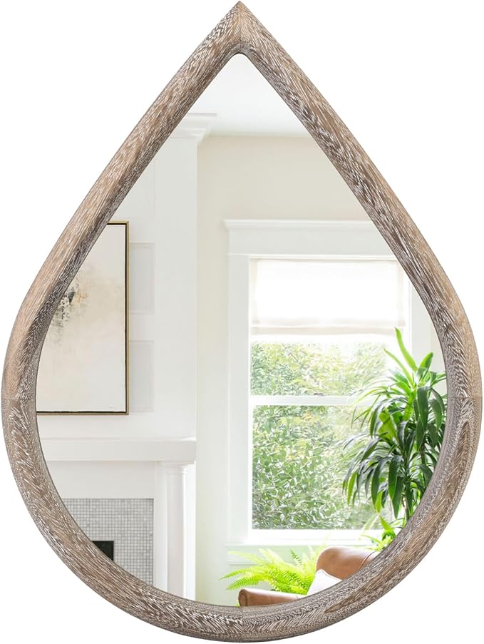 Teardrop Wall Mirror with Wood Framed Farmhouse Wall Hanging Mirrors for Wall Decor Irregular Decorative Mirror for Bedroom Living Room Bathroom 16x20 Inches