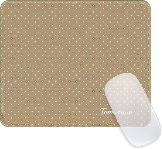 Seorsok Brown Mouse Mat,White Polka Dot Pattern,Premium Textured Mouse Pads for Office Laptop,Washable Cute Square Mousepads with Extended Stitched Edges Non Slip Rubber Base 9.5"x7.8"x0.12"Inch