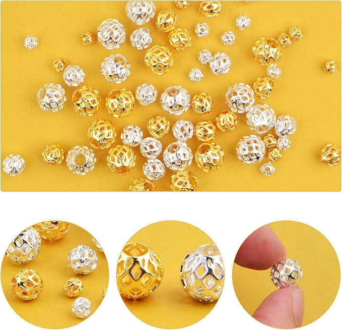 1 Box 60pcs 3 Sizes 18K Golden Silver Plated Round Hollow Spacer Beads Brass Filigree Hollow Out Ball Beads Accessories for DIY Bracelet Necklace Earrings Jewelry Making