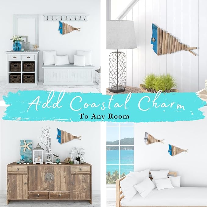 Mint Bucket Brands Driftwood Fish Nautical Wall Decor - Handmade Wooden Rustic Coastal Wall Art for Living Room, Bedroom, Office, Bathroom - Ocean Beach Decoration (Blu)