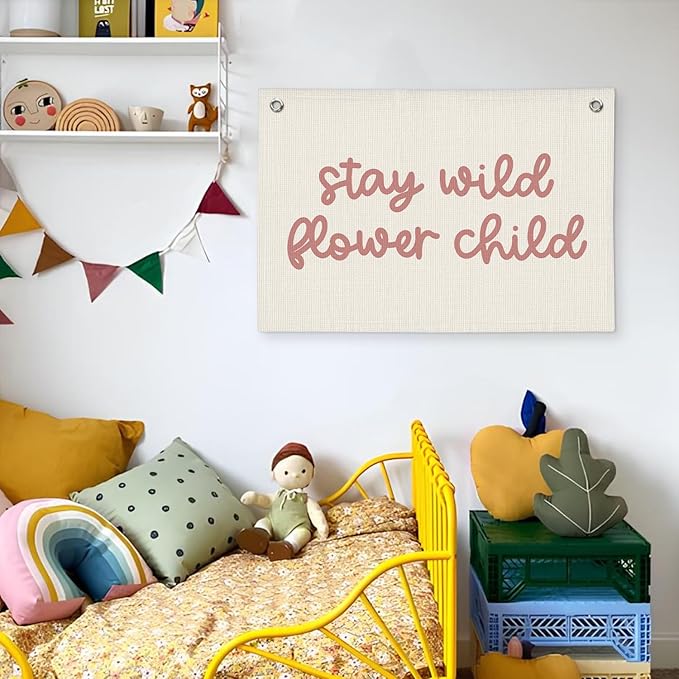 Girls Room Nursery Decor, Stay Wild Flower Child Linen Canvas Banner Wall Hanging Flag Decor for Little Toddler Baby Girls Room Playroom, Baby Shower Girl Decorations