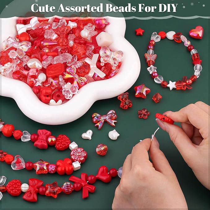 200-260PCS TINKRSTUFF Assorted Acrylic Beads Red Cute Beadsfor Bracelet Making, Bow Flower Butterfly GummyBear Kawaii Charms, Aesthetic Bead for Necklace Keychain Jewelry Making DIY Phone Charm