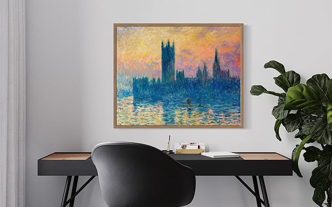 The Houses of Parliament Claude Monet Wall Art Print Poster, Impressionist Painting Wall Art Wall Decor, for Bedroom and Living room Bathroom Decor 115 (The Houses of Parliament, 8 x 10 inches, Wood Frame)