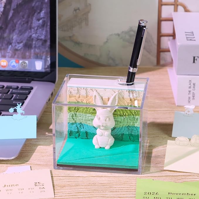 3D Time Piece Calendar 2026 3D Tear Away Art Memo Pad Notepad Desk Calendar with Light,3D Art Calendar Desktop Decoration Gift for Christmas (Auspicious Rabbit)