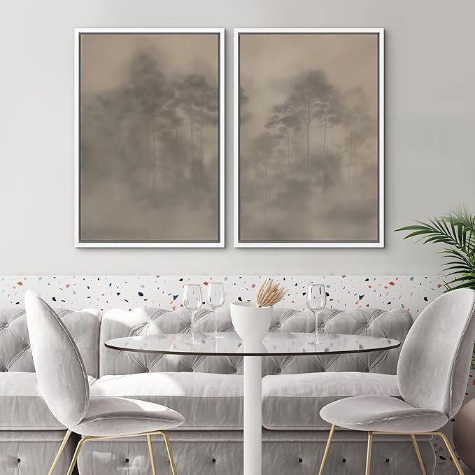 SIGNWIN Framed Canvas Print Wall Art Set Foggy Pine Forest Minimalist Monochrome Nature Illustrations Modern Art Scenic Colorful for Living Room, Bedroom, Office - 16"x24"x2 White
