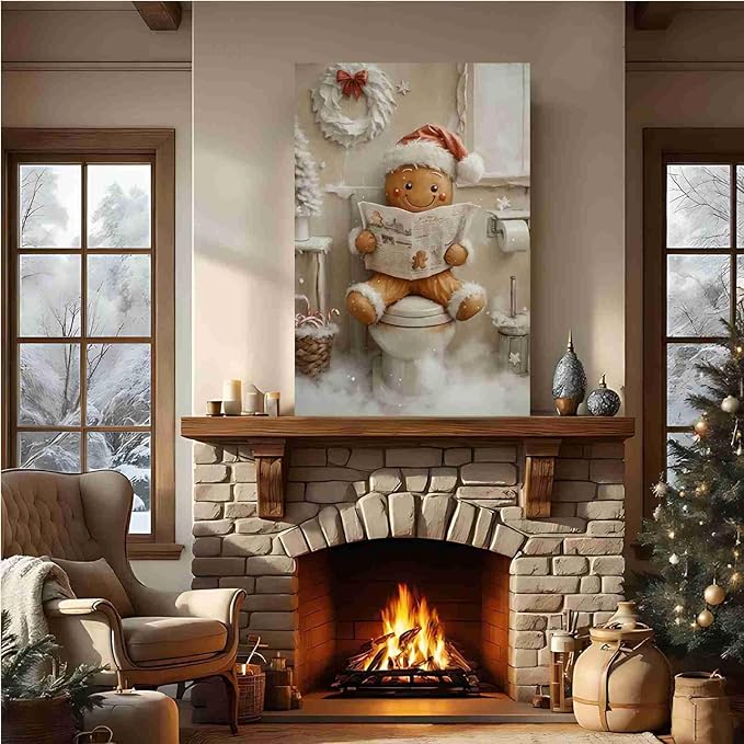 Christmas Bathroom Canvas Painting Gingerbread Man Holiday Print Santa Hat Cookie Character Wall Art Vintage Rural Art Winter print Indoor Decor for Bathroom Living Room Funny Framed Ready to Hang