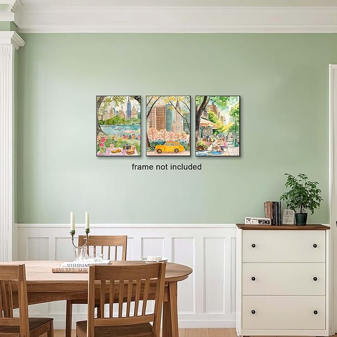 XLARTMY New York City Poster Travel Wall Art Canvas Framed Watercolor NYC Central Park Landmarks Artwork Decor Painting Prints Pictures Set of 3 for Bedroom Living Room Office 12x16in Unframed