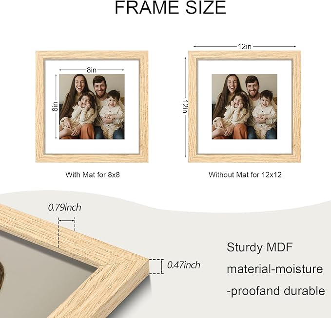 12x12 Picture Frame Set of 9, Photo Gallery Wall Frame Set, Display Pictures 8x8 with Mat or 12 x 12 Without Mat, Square Frame Picture Frames Collage Wall Decor, Natural Oak