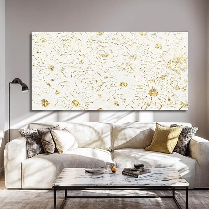YJYart Floral Wall Decor White and Gold Decorations Simple Wall Art 24"x48" Office Wall Pictures Oil Paintings for Bedroom
