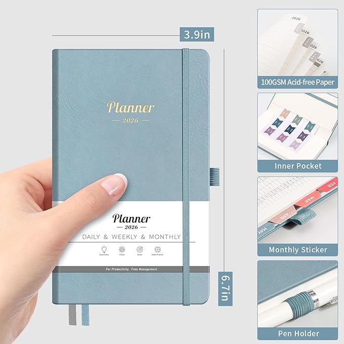 AHGXG Small Pocket Planner 2026-2027, Weekly and Monthly Calendar Planner, 15 Months, JAN 2026 - MAR 2027, Mini Size, Hardcover, Inside Pocket, For Women Men School Home Office Supplies, 3.9''X 6.7'' - Gray Blue