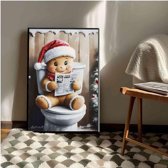 Framed Canvas Wall Art Gingerbread on the Toilet Funny Christmas Poster Bathroom Wall Art Toilet Trendy Christmas Decor 16x24in Metal blackFramed