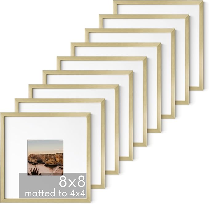 HAUS AND HUES 8x8 Gold Metal Picture Frames Matted to 4x4 - Premium Aluminum with Hanging Hardware, Shatterproof Plexiglass - Ideal for Home or Office (8x8 in, Gold, Set of 9)