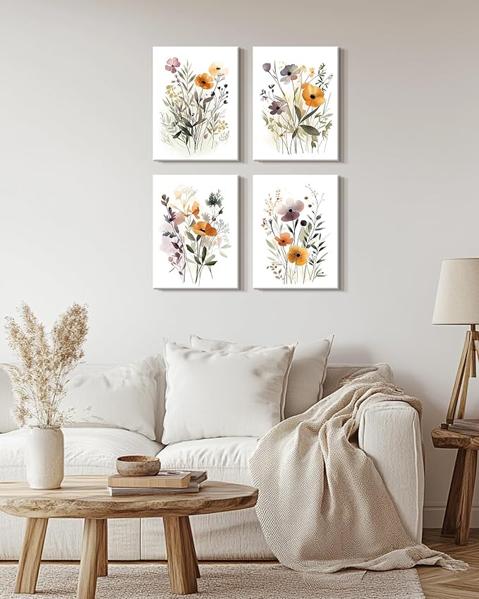 Drsoum Wildflower Bouquet Boho Framed Wall Art Wooded Minimalist Aesthetic Botanical Flower Prints Modern Plants Bathroom Kitchen Home Decor Ready to Hang 12x16inx4pcs (Framed)