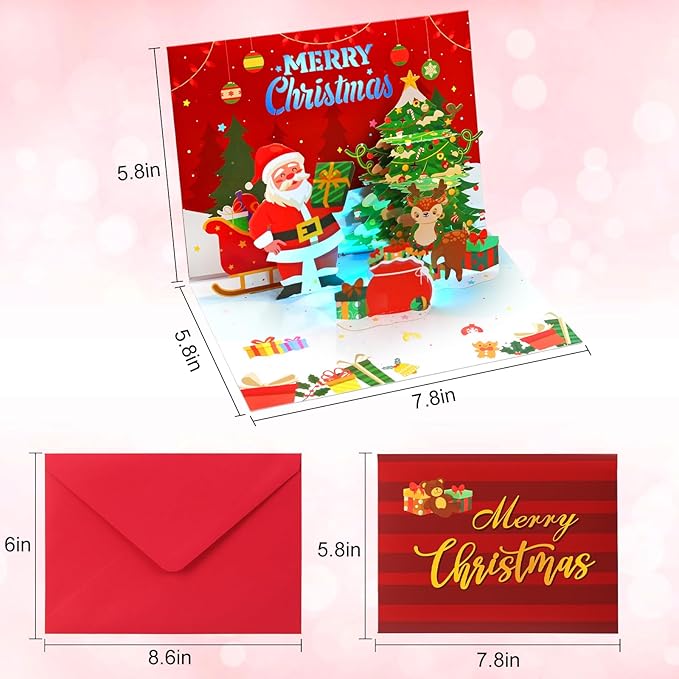 Christmas Cards, Light and Music Merry Christmas Card, 3D Pop Up Greeting Card with Christmas Tree and Santa for Women Men Kids Husband Wife Mom Dad Daughter