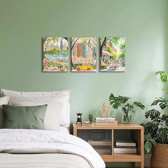 XLARTMY New York City Poster Travel Wall Art Canvas Framed Watercolor NYC Central Park Landmarks Artwork Decor Painting Prints Pictures Set of 3 for Bedroom Living Room Bathroom Office 12x16in