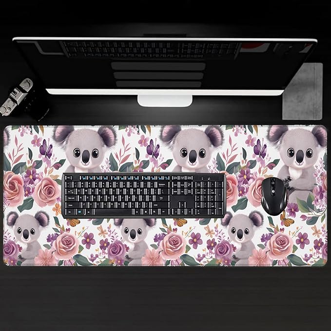 Koala Large Gaming Desk Mat,Rubber Non-Slip Cute Floral Pastel Blossom Mouse Pad,31.5x11.8x0.12in Extended Animal Mousepad,Game Lover Mice Pads Gifts,Office Home Deskmat Decor