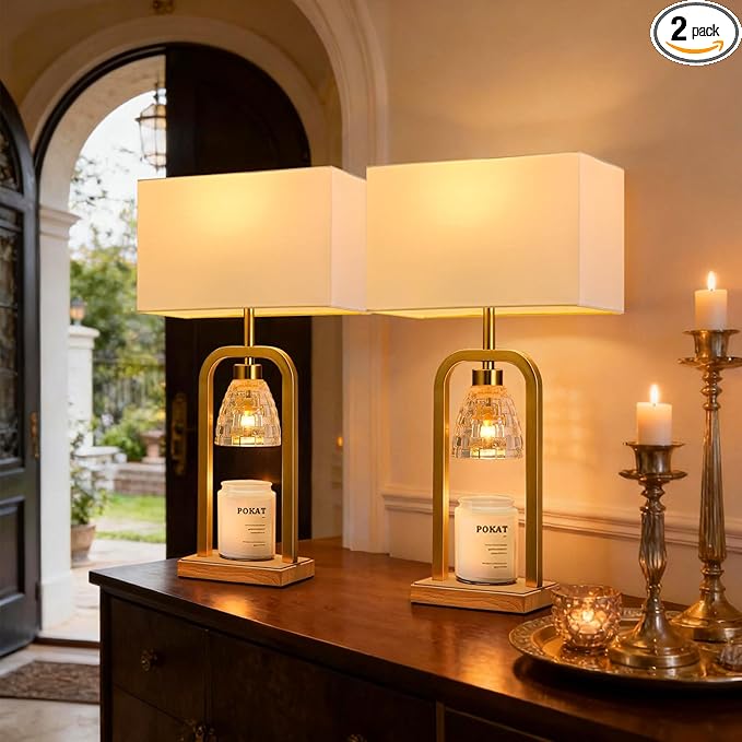PoKat Gold Table Lamps with Candle Warmer & Timer for Bedroom, Mid Century Modern Modern Bedside Lamps Set of 2 for Night Stands, 21.5'' Bedroom Lamps Decor for Living Room Hallway, Bulbs Included