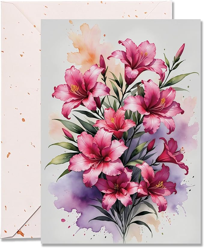 Blank Inside Greeting Card with Envelope for All Occasions, 5x7 Inch Elegant Watercolor Lily Card – Birthday, Sympathy, Thank You - Single Card
