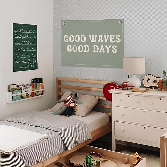Surf Nursery Decor, Ocean Wave Coastal Beach Linen Canvas Banner, Good Waves Good Days Summer Wall Hanging Flag Decor for Toddler Boys Girls Room Playroom