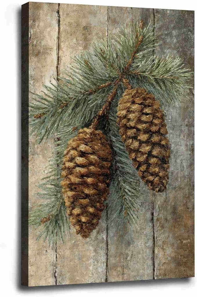 Vintage Christmas Canvas Painting Botanical Wall Art Nature Print Forest Decor Rustic Woodland Poste Holiday Evergreen Art Country Landscape Indoor Decor for Office Living Room Framed Ready to Hang