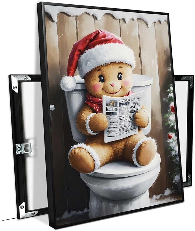 Framed Canvas Wall Art Gingerbread on the Toilet Funny Christmas Poster Bathroom Wall Art Toilet Trendy Christmas Decor 24x36in Metal blackFramed