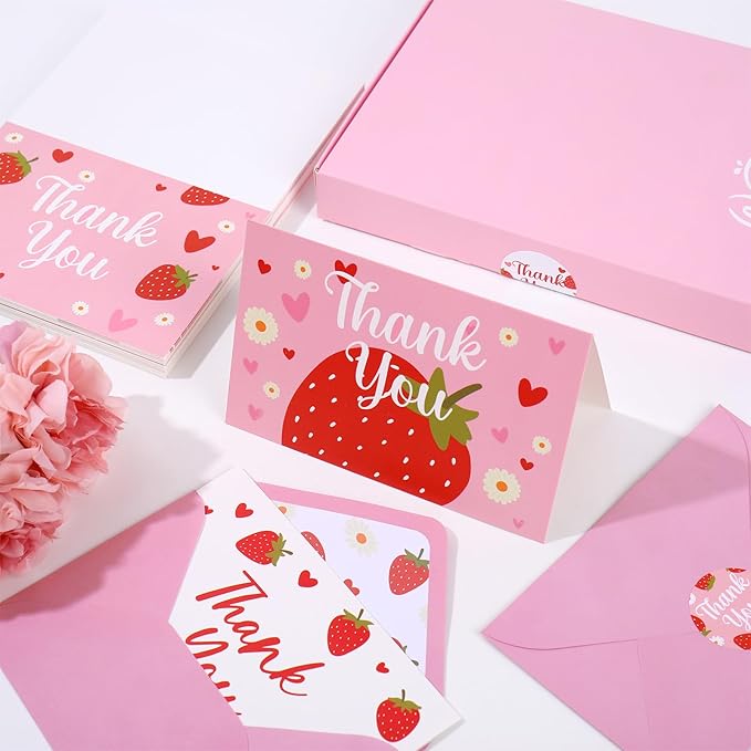 Whaline 50 Pcs Strawberry Thank You Cards Greeting Cards with Envelopes Stickers Pink Fruit Blank Note Cards for Baby Shower Birthday Party Invitation Supplies, 4 x 6 Inch