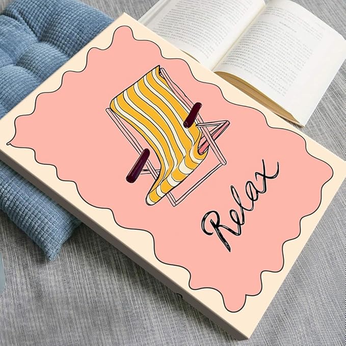 Framed Abstract Pink Yellow Ocean Coastal Beach Chair Wall Art Trendy Summer Relaxing Seaside Canvas Prints Painting Aesthetic Preppy Decor Picture for Living Room Bedroom Decoration 24x36inch