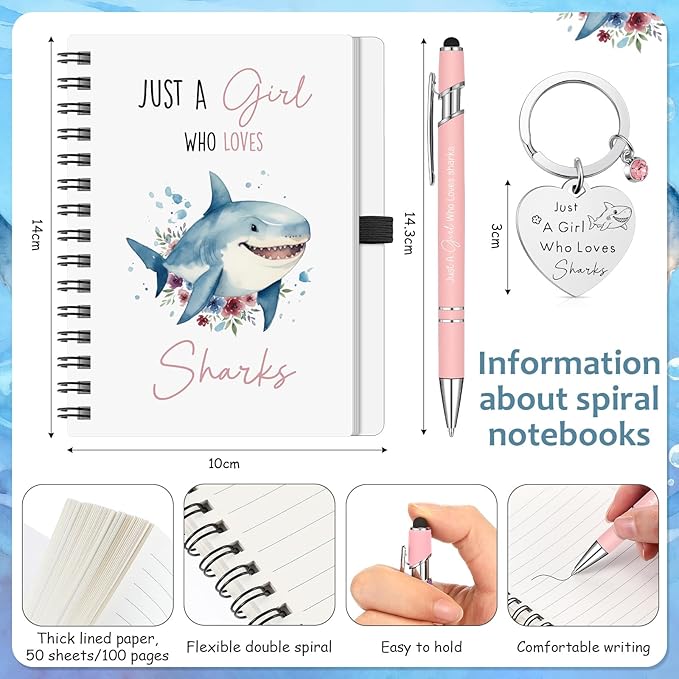 Ceenna 5 Pcs Shark Gifts for Women, Just a Girl Who Loves Shark Cosmetic Makeup Bag, Canvas Bag, A6 Spiral Notebook Lined Journal, Writing Gel Ink Pen and Funny Keychain for Girl Animal Lovers Gift