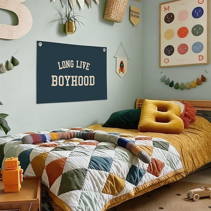 Long Live Boyhood Boy Room Decor Wall Art, Nursery Playroom Linen Banner Print Decor for Bedroom Living Room Dorm Toddler Decorations Teen Boy Room Decor 30X20 Inch