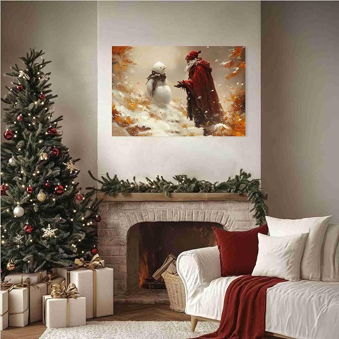 Vintage Christmas Canvas Painting Santa with Snowman Christmas Character Canvas Wall Art Holiday Winter Poster Indoor Decor for Home Offices Living Room Bedroom Dining Room Framed Ready to Hang