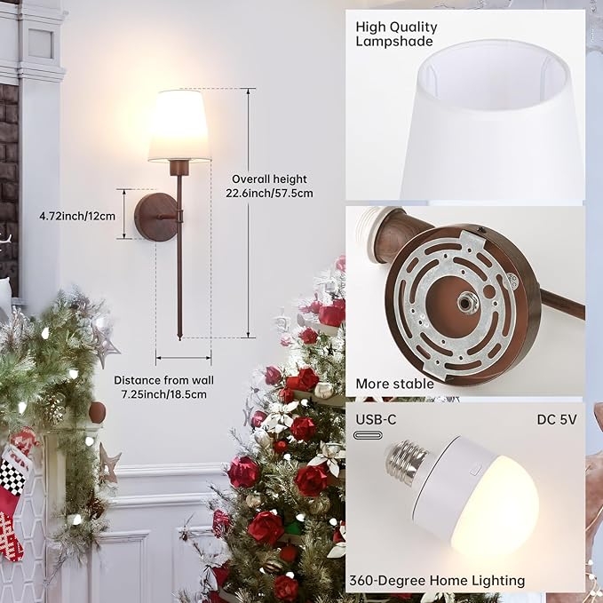 Battery Operated Wall Sconces Set of 2, Walnut Color Wall Lamp 5000 mAh Rechargeable Bulb with 12 RGB Colors Dimmable Wall Sconce for Living Room Bedroom