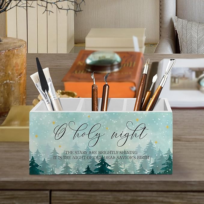 O Holy Night Christian Christmas Pen Pencil Holder Organizer for Desk Accessories, Nativity Christmas Rustic Winter Tree Holiday Wooden Box Sign Desk Decor for Home Office Decoration