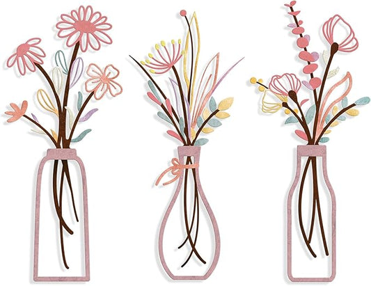 3 Pieces Metal Flowers Wall Arts - Rustic Farmhouse Style Décor Metal Wall Art Black Minimalist Flower Natural Themed Wall Decors for Home Bedroom Dining Room Housewarming (Pinkish)