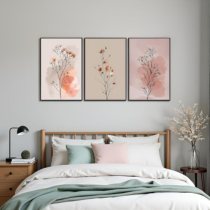 okudolit Boho Vintage Flower Wall Art Set of 3 Minimalist Floral Botanical Prints Rustic Wildflower Wall Decor Beige and Pink Neutral Plant Painting for Living Room Bedroom Office-16x24in