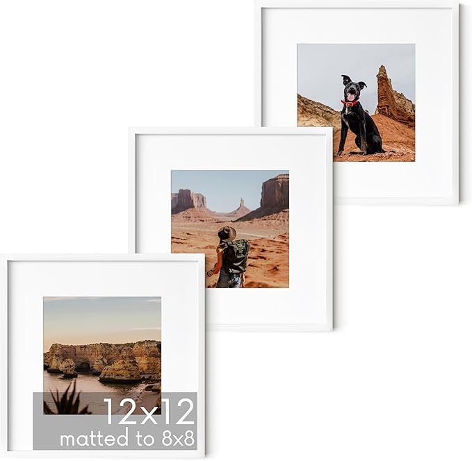 HAUS AND HUES 12x12 White Metal Picture Frames Matted to 8x8- Features Premium Aluminum & Hanging Hardware, Shatterproof Plexiglass - Ideal for Home, Room, Office (12x12 in, White, Set of 3)