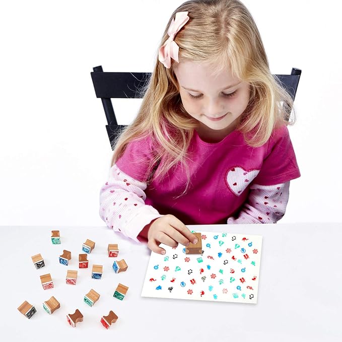 HOWAF Wooden Christmas Stamps for Kids Crafting Card Making, Stamps Pack for DIY Painting Christmas Party Bag Fillers Favor Supplies Xmas, with Ink Pad