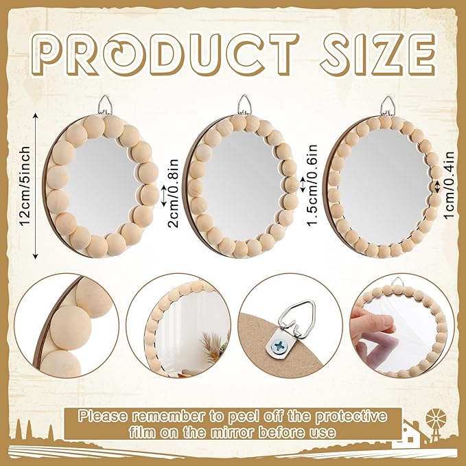 Novabright 3 Pcs Boho Mirror Wall Decor 4.72 Inch Small Round Circle Decorative Mirrors with Wood Bead Hanging Wall Art for Farmhouse Rustic Home Living Room, Bedroom, Bathroom, Entryway