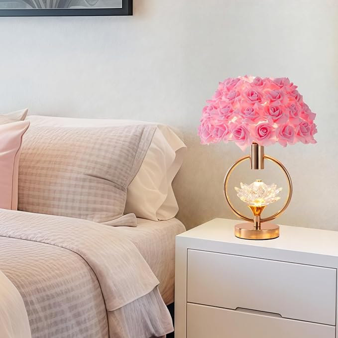 Modern Pink Rose Table Lamp with Crystal 17IN Romantic Flower Bedside Lamp Princess Nightstand Lamp Creative Desk Light for Girl Bedroom Living Room Entry Hotel Wedding Christmas Gift