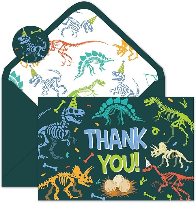 36 Pack Dinosaur Thank You Cards Greeting Cards with Envelopes Stickers Dark Green Dinosaur Skeleton Blank Note Card for Birthday Baby Shower Party Supplies