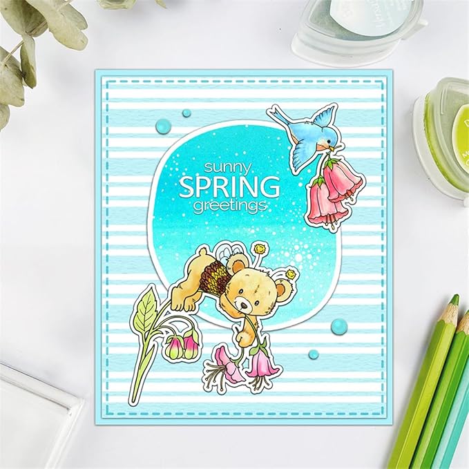 Spring Flower Bear Stamps and Cutting Dies for Card Making DIY Transparent Silicone Clear Stamp and Metal Die Cuts Sets for Scrapbooking Paper Greeting Cards Decor Seals Craft Supplies