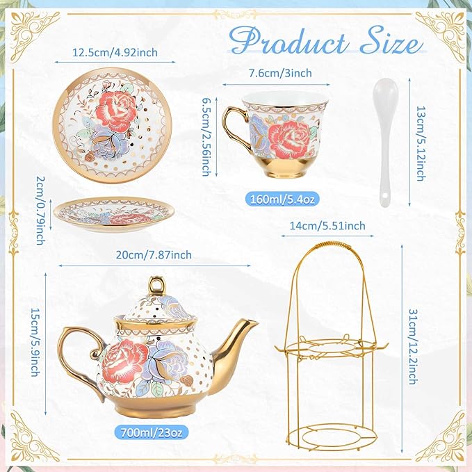 Zhehao 20 Pcs Porcelain Tea Set with Metal Holder and Spoon Adult Ceramic Tea Set European Flower Painting Teapot Cup Saucer Spoon for Women, Large Version(Romantic Style)