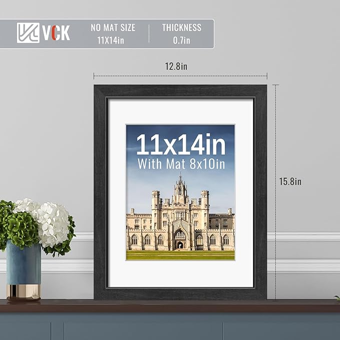 VCK 11x14 Picture Frames Black Set of 5, Wide Border Wood, Tempered Glass, Display 8x10 Photo with Mat or 11 x 14 without, for Home, Office, Gallery, Woodgrain Series, Wall Hanging