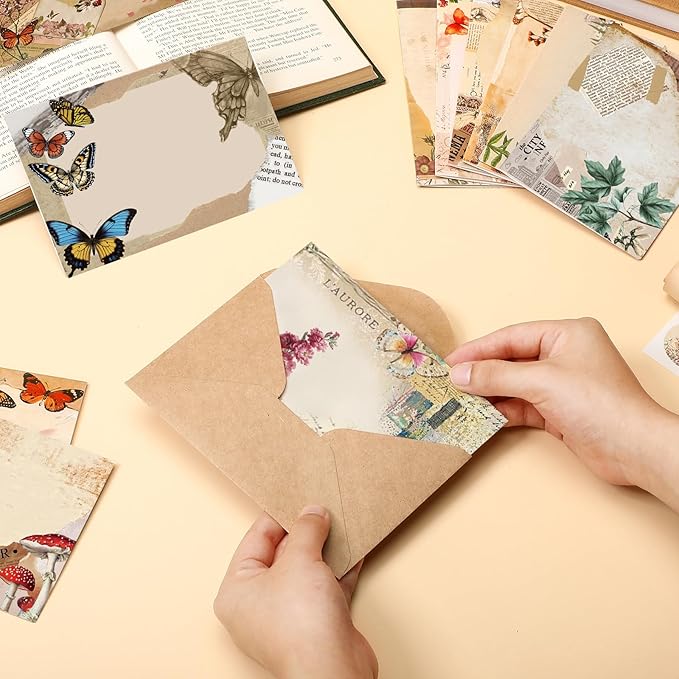 100 Pcs Nature Vintage Design Blank Greeting Cards 4x6, Rustic Butterfly Blank Cards, 10 Designs, Great Stationary Set for All Occasions with Matching Rustic Envelopes and Stickers