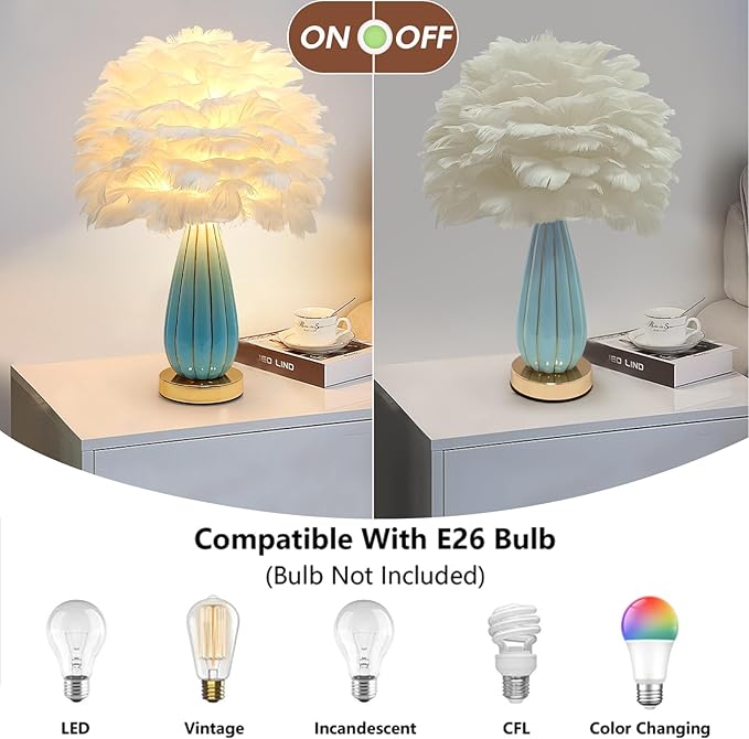 Chic White Feather Lamp Creative Feather Bedside Lamp Princess Nightstand Table Lamp Deco Nordic Desk Light for Cute Girl Bedroom Wedding Christmas Gift Living Room Entry Ceramic Body