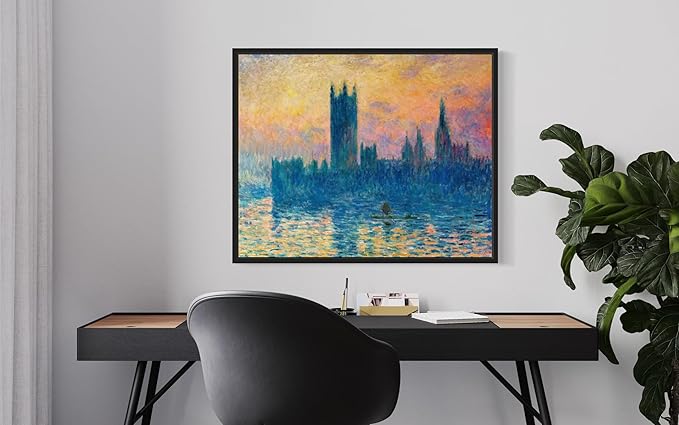The Houses of Parliament Claude Monet Wall Art Print Poster, Impressionist Painting Wall Art Wall Decor, for Bedroom and Living room Bathroom Decor 115 (The Houses of Parliament, 8 x 10 inches, Black Frame)